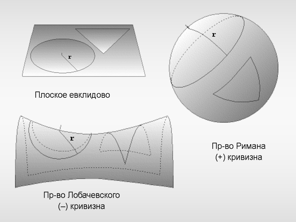 Пр-во Римана (+) кривизна Пр-во Лобачевского (–) кривизна Плоское евклидово